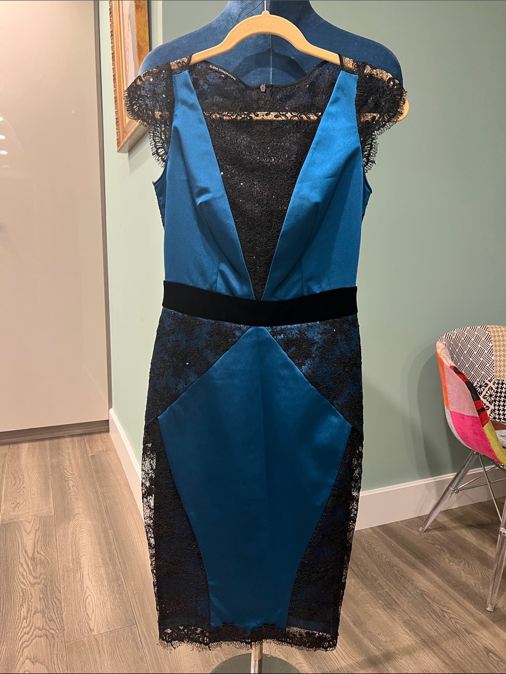 Elegant Teal and Black Lace Sheath Dress From Russian Designer Elena Kondratova